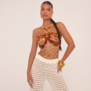 Halterneck Multi Bead Drip Detail Cover Up Bralet In Orange